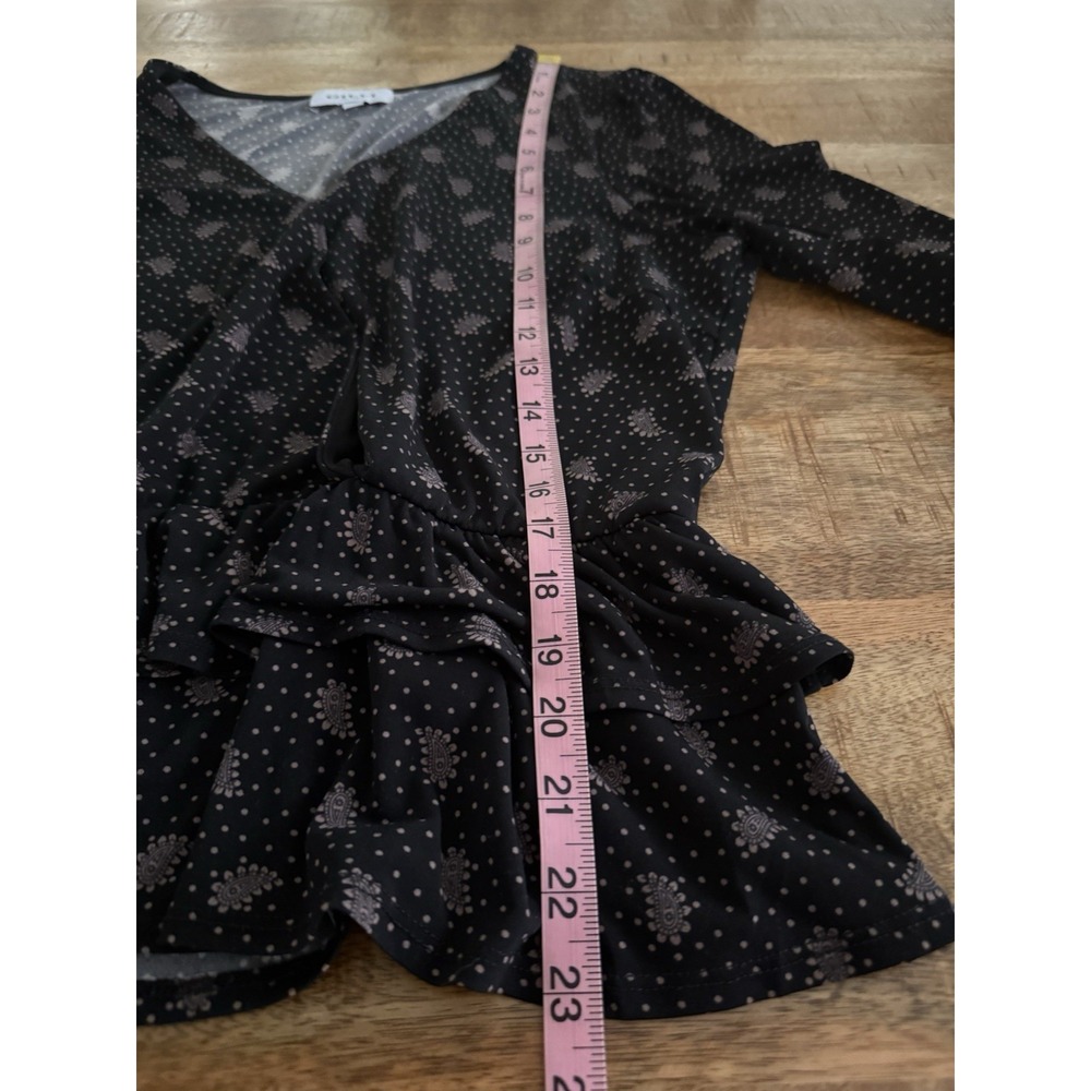 Gilli Peplum Blouse Womens L Black Pink Paisley Polka Dot V Neck Long Sleeve - Picture 9 of 9